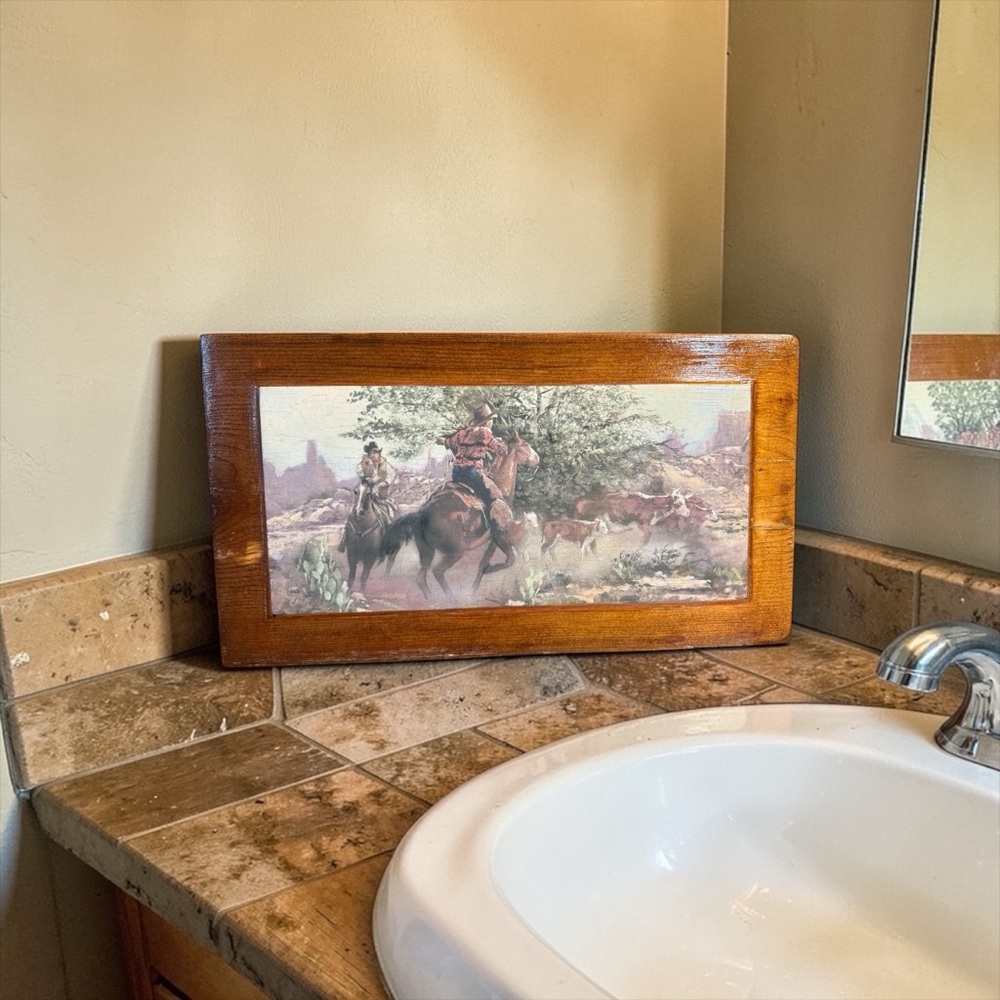 Western Cowboy Scene Framed Wall Art in Brown
